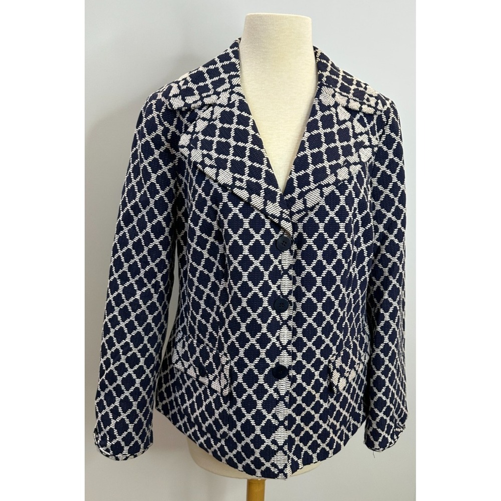 Talbots Diamond Lattice Cotton Blazer Jacket Plus Size 14W Navy White Office - Picture 3 of 13